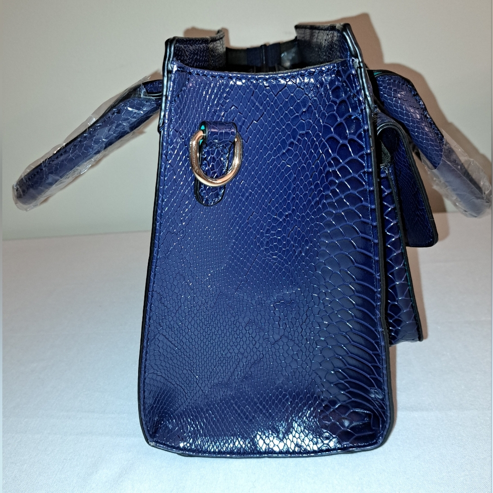 Navy Blue Faux Snake Embossed Tote, Gold Hardware, Shoulder Strap Included, NEW! - Picture 10 of 14